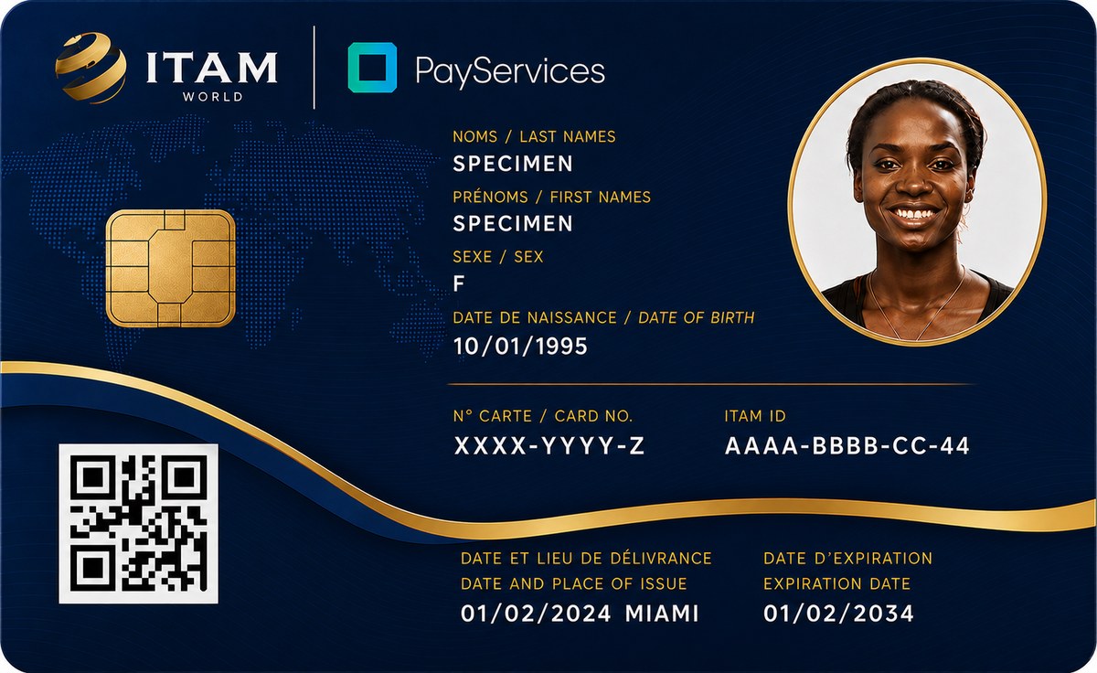 Specimen ITAM credential: ITAM WORLD and PayServices marks, chip, cardholder photograph, name, date of birth, ITAM ID and QR code.